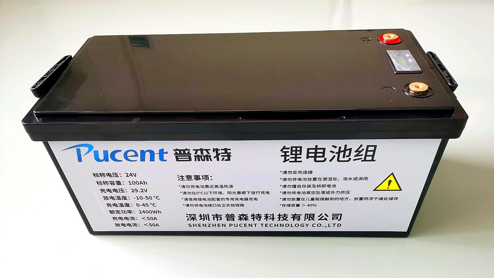 Pucent 24 V 100 Ah lithium battery pack, finished unit — sealed case with the product label showing nominal voltage and capacity